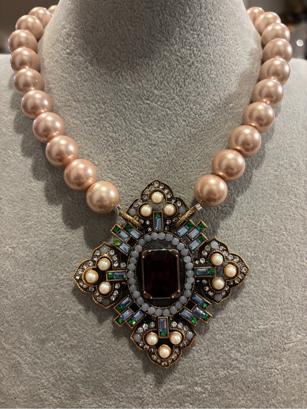 Creamy Pearl Necklace with Ornate vintage Jeweled Cross Pendant